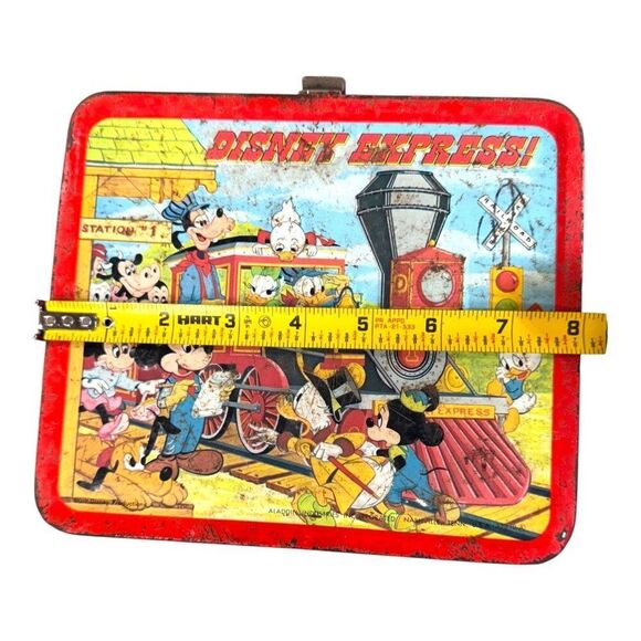 Vintage Disney Express Metal Lunchbox Train Theme Mickey Mouse Distress Red READ - Picture 2 of 16
